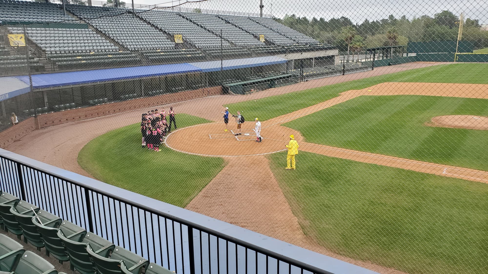 A wide view from the stands, through a protective net, of a ballpark where a team in black and pink jerseys huddles near the infield while a person in a bright yellow suit stands on the grass near the baselines