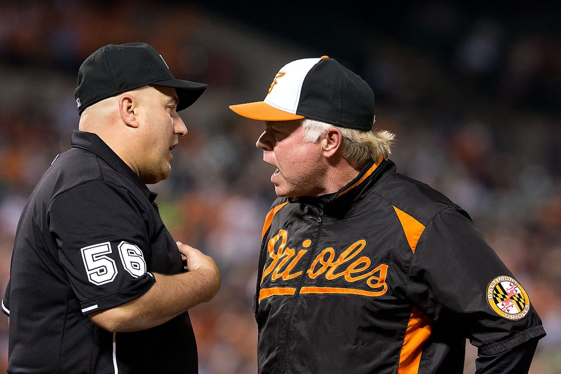 A big league manager in an orange and black jacket argues face to face with the home plate umpire