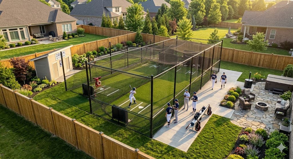 Aerial view of a completed backyard batting cage installation