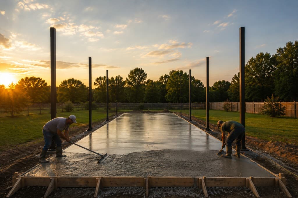Builders installing a batting cage foundation in a residential backyard