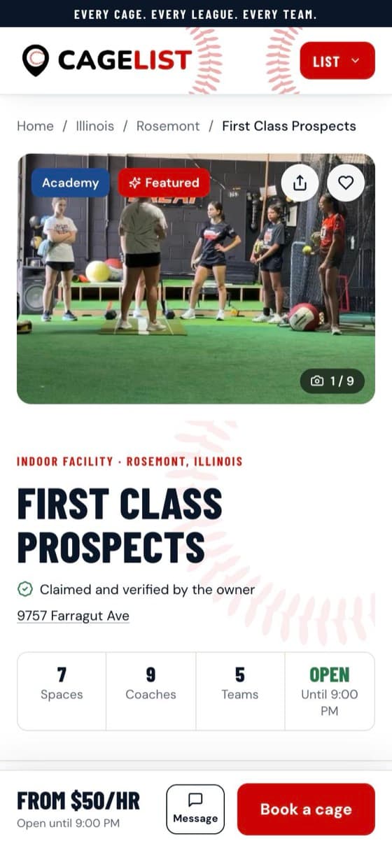 A CageList facility page on a phone: photo, name, spaces, coaches and teams, with a Book a cage button and the price from $50 an hour