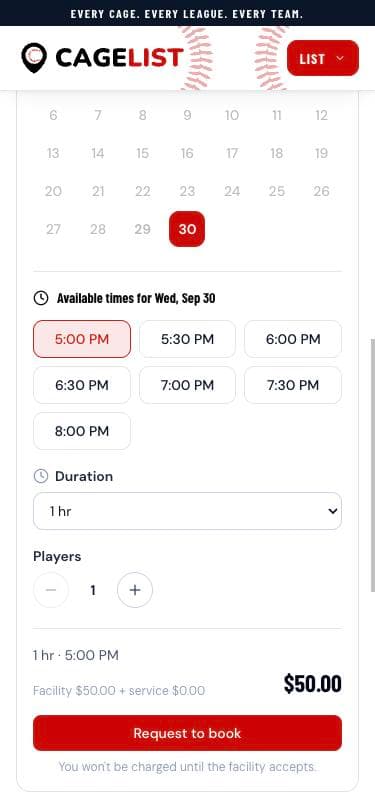 The CageList booking calendar on a phone with open times for the chosen day, a duration menu, a players stepper, a $50.00 total and a Request to book button