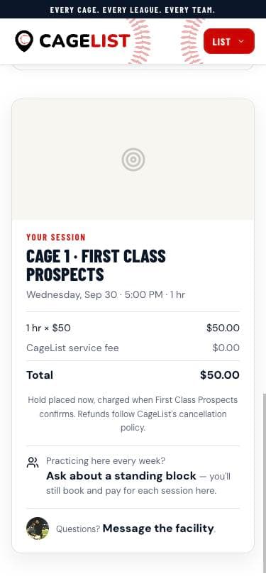 The CageList session summary on a phone: one hour at $50, a $0.00 service fee, a $50.00 total and a note that the hold is charged only when the facility confirms