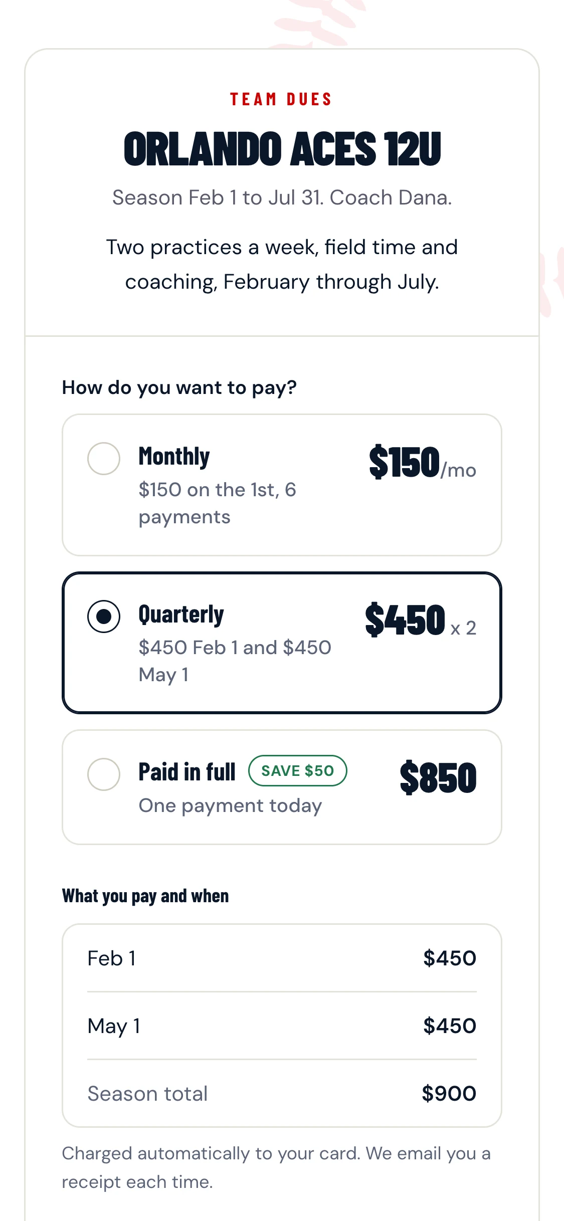 The dues page a family sees: pay monthly, quarterly or in full, with every charge date and amount shown first