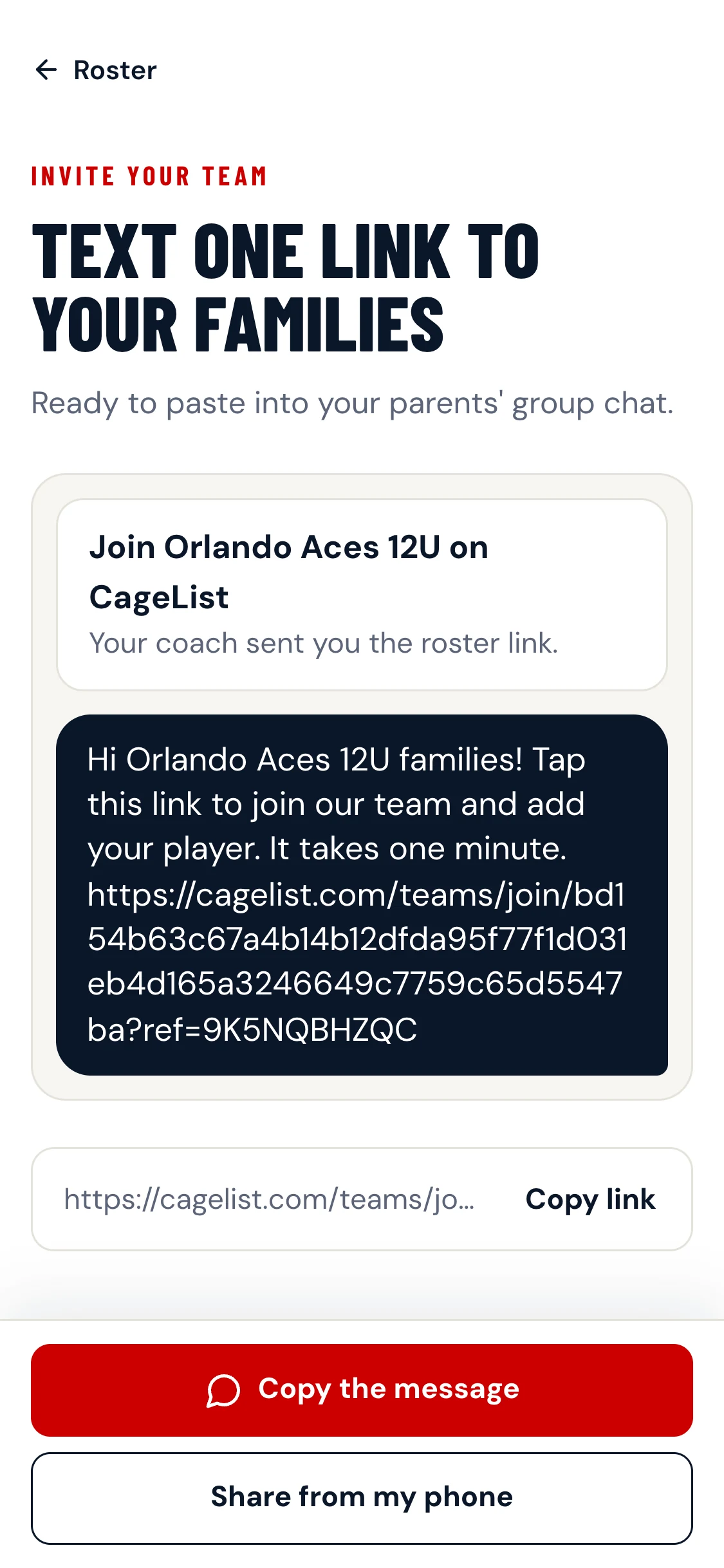 The invite screen: a ready-to-send message with one join link, and buttons to copy it or share it from your phone