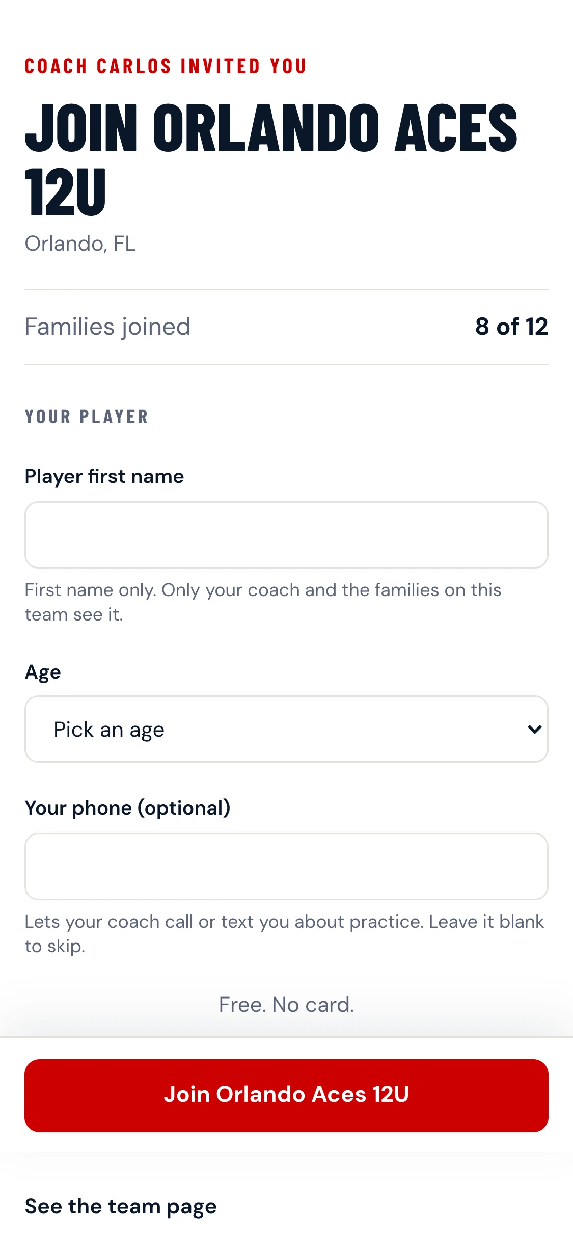 What a parent sees: the team name, how many families have joined, and a form for the player's first name, age and an optional phone number