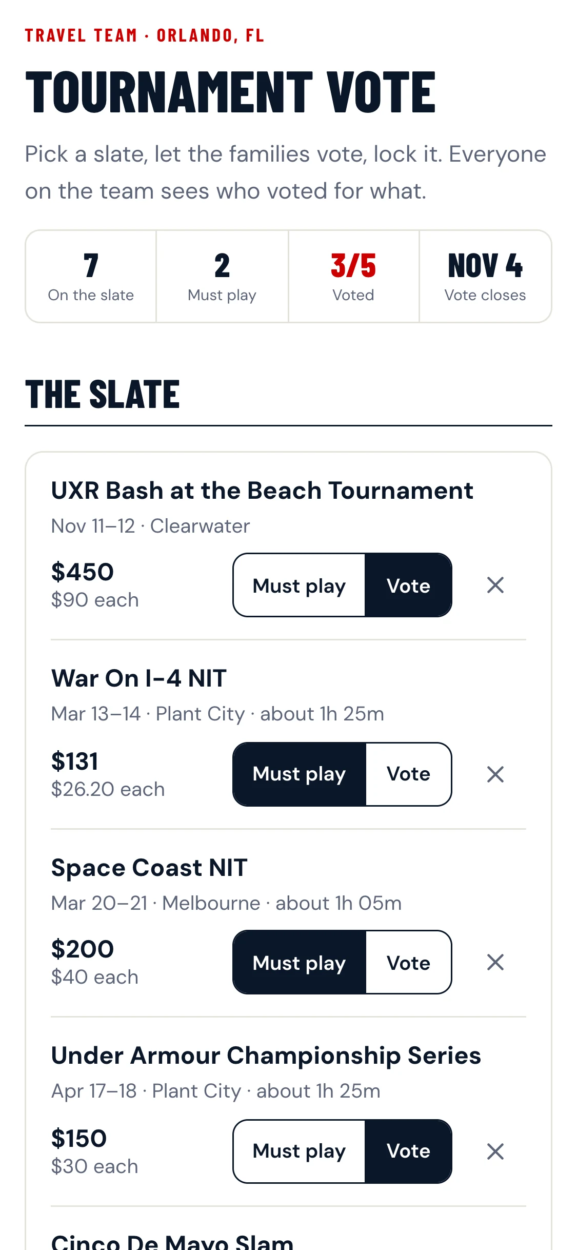 The tournament vote: the slate of tournaments with entry fees and a Must play or Vote choice for each