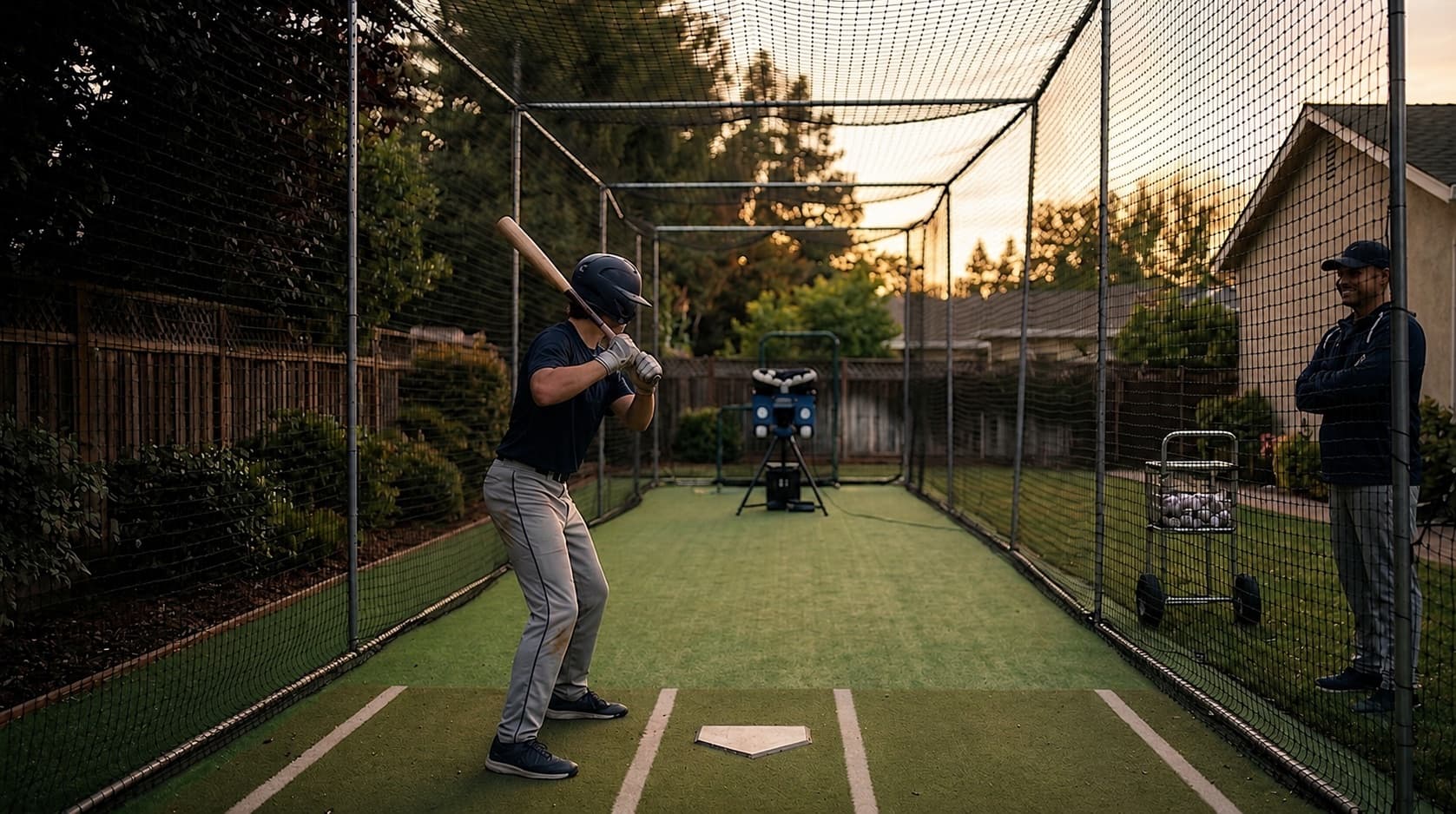 A player at bat in a backyard batting cage, taking a pitch from a machine at sunset