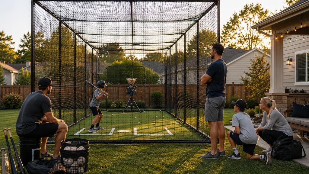 Family watching a youth player in a backyard batting cage with a pitching machine