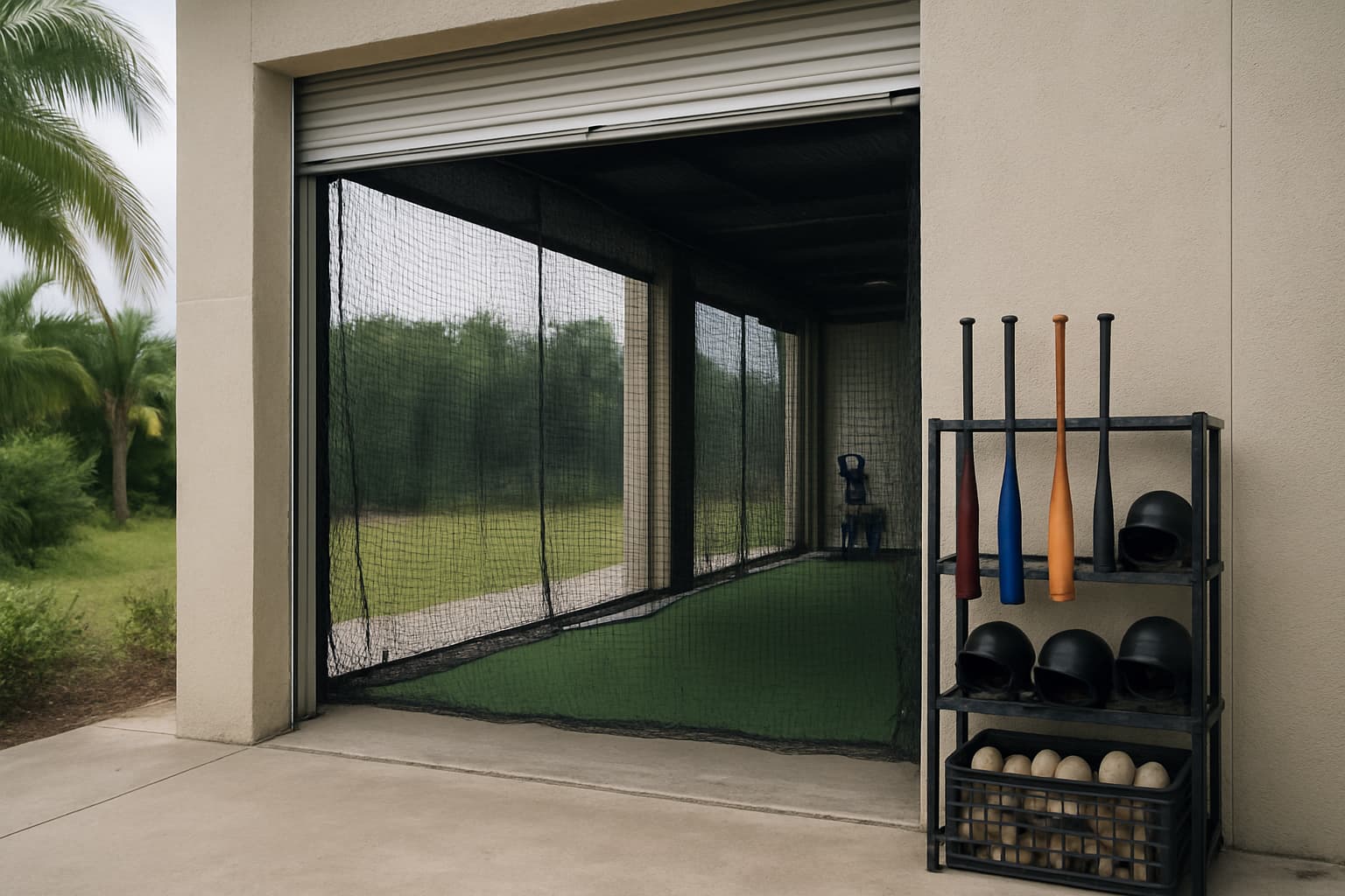 View of a batting cage entrance with equipment organized outside, surrounded by greenery.