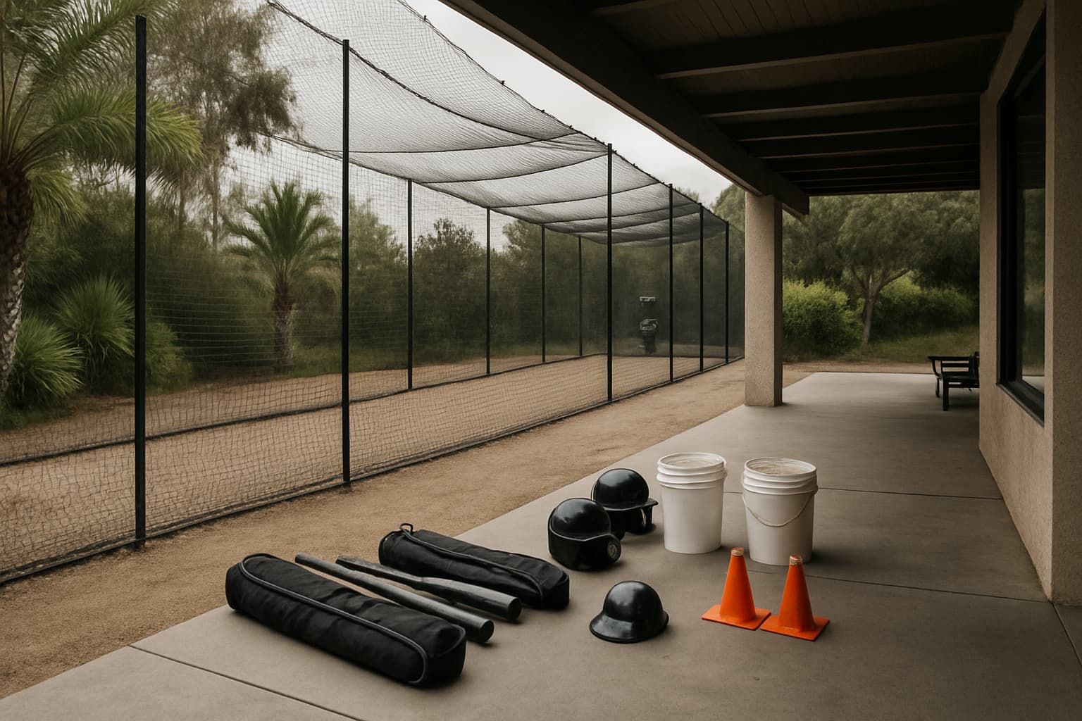 Staging area beside a batting cage with gear and equipment, surrounded by greenery.