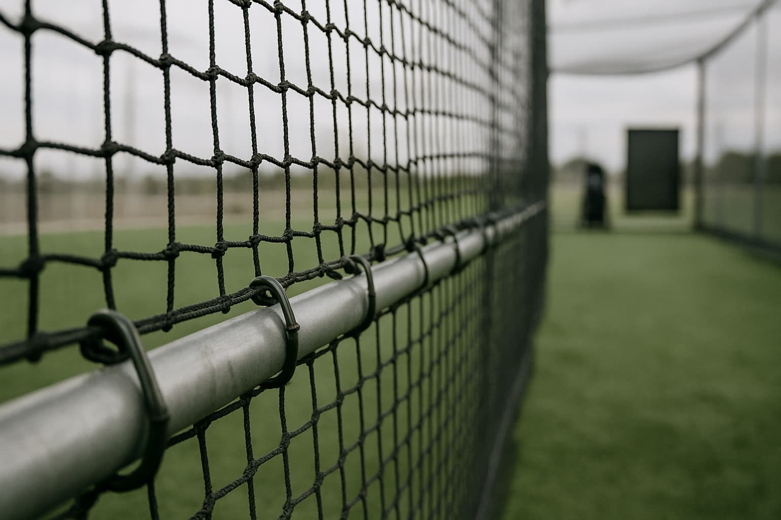 Close-up of batting cage netting attached to frame hardware with clean turf below.