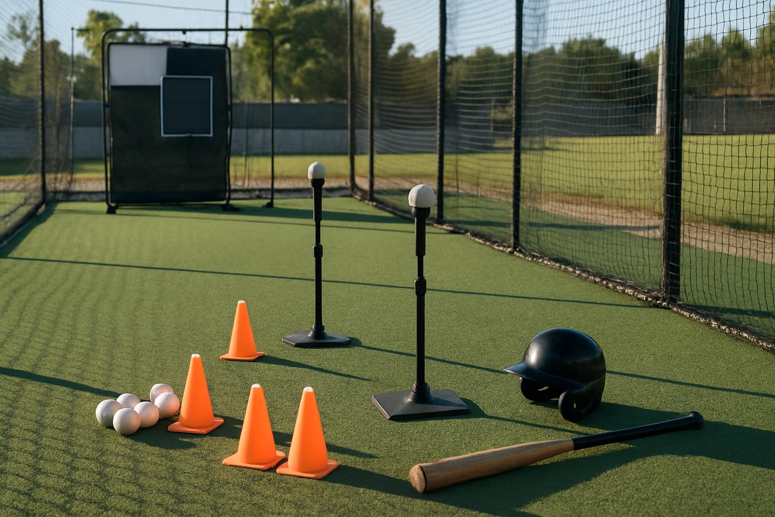 Batting practice drill station with tees, cones, and equipment in a cage.