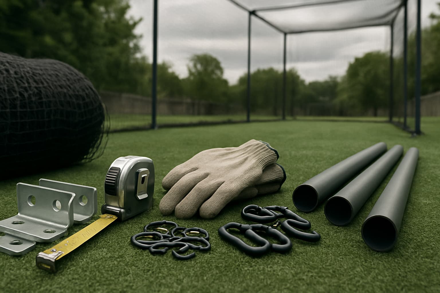 Construction materials for a batting cage arranged on turf, including gloves, pipes, and a measuring tape.