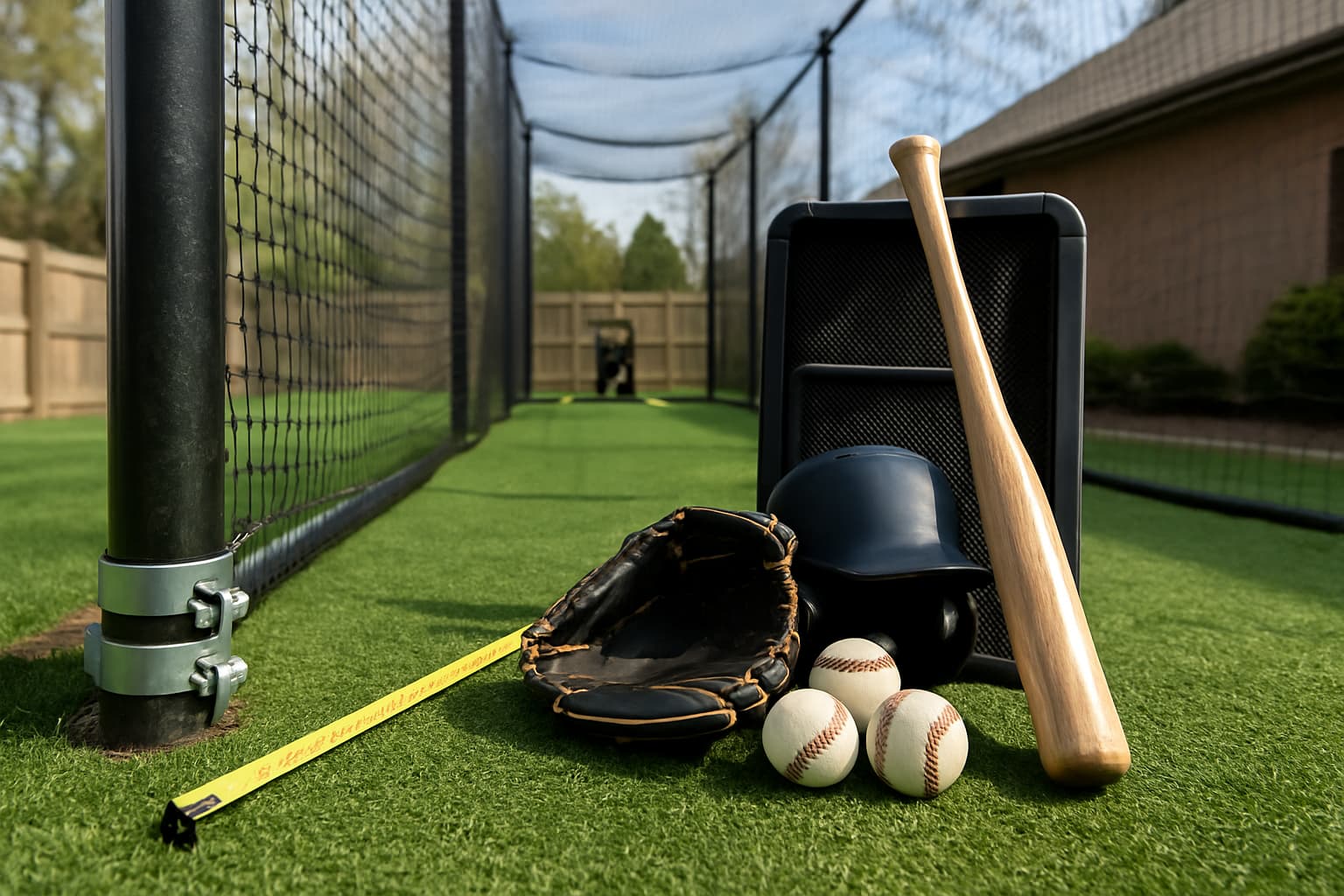 Close-up of organized baseball gear in a backyard batting cage.