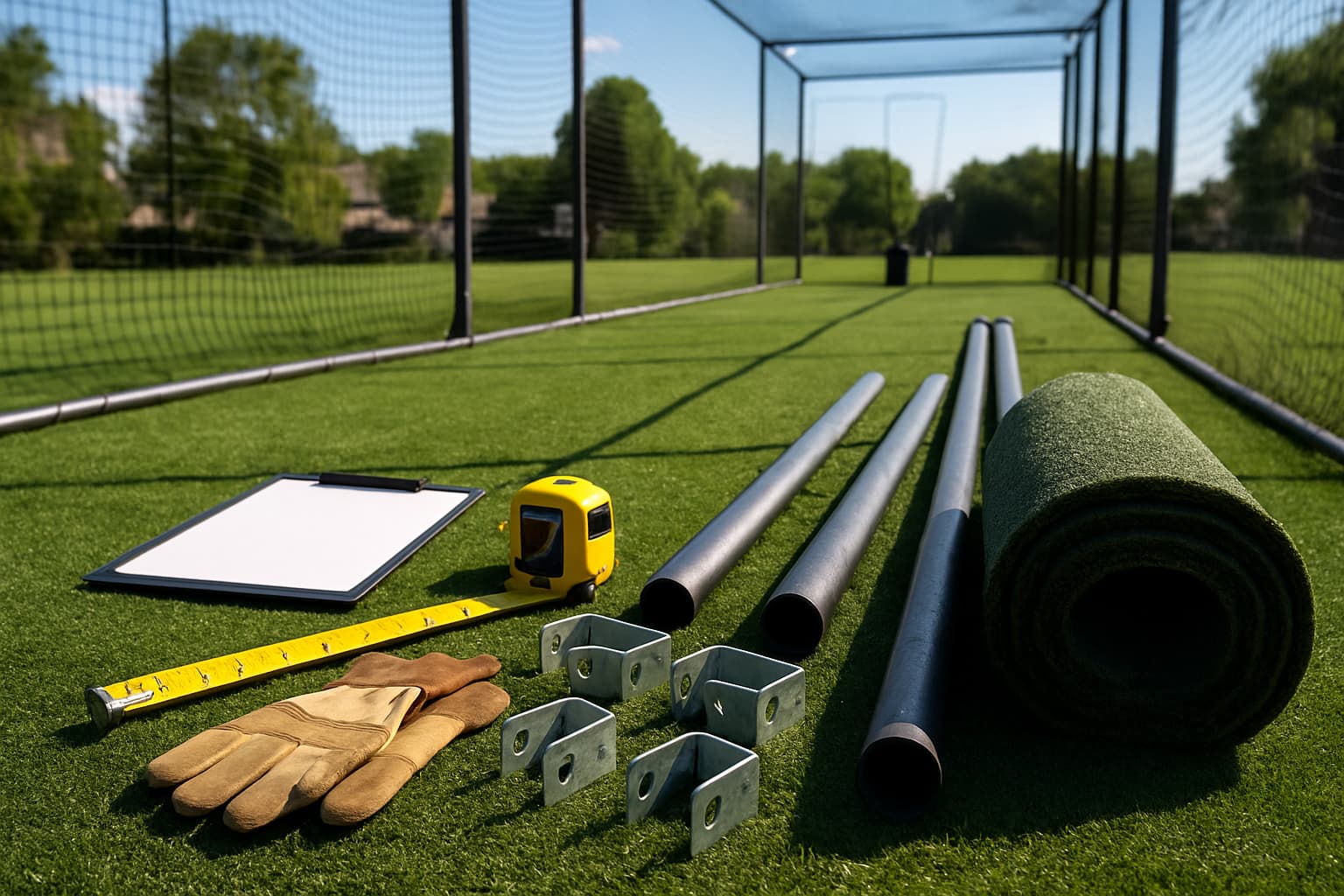 Construction materials for a batting cage on turf, including gloves, measuring tape, and pipes.