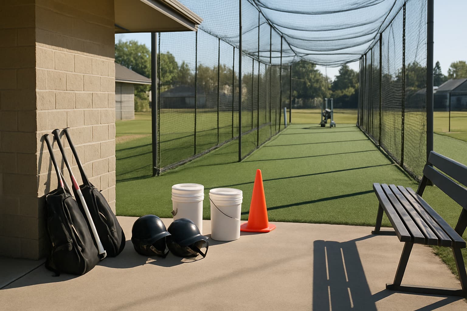 Staging area beside a batting cage with bat bags, helmets, buckets, and a bench in natural light.