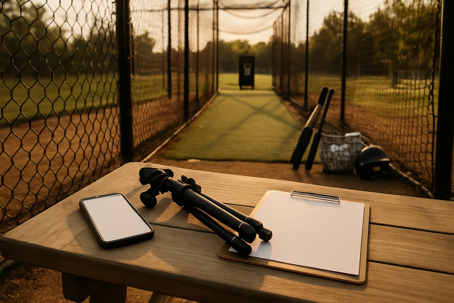 A phone, tripod, and clipboard on a bench beside a batting cage entrance in warm light.