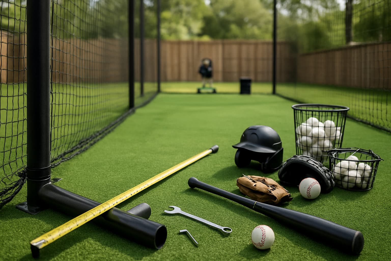 Backyard batting cage with turf, netting, and organized baseball gear.