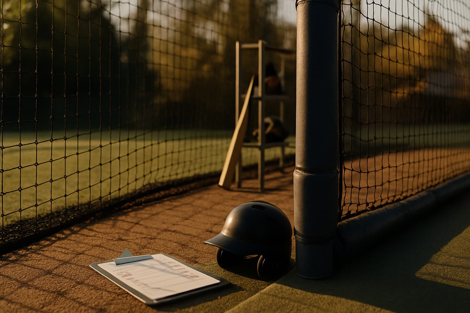 Close-up of a clipboard, helmet, and netting in a batting cage during golden hour.