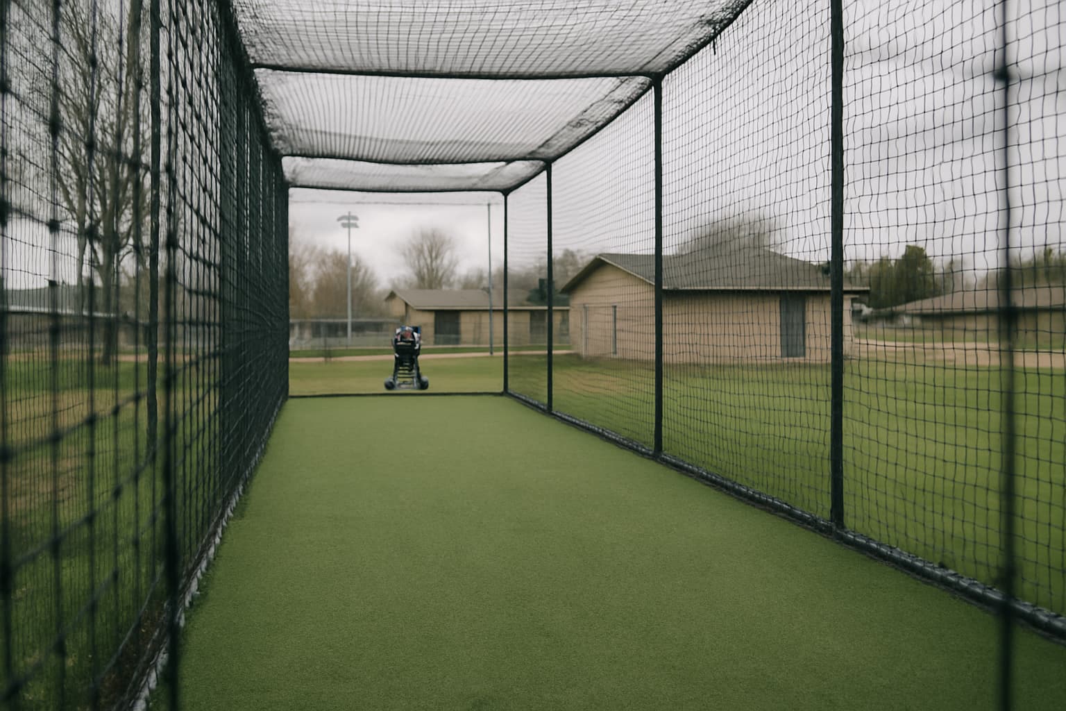 Empty batting cage with a distant pitching machine and clean turf under overcast skies.