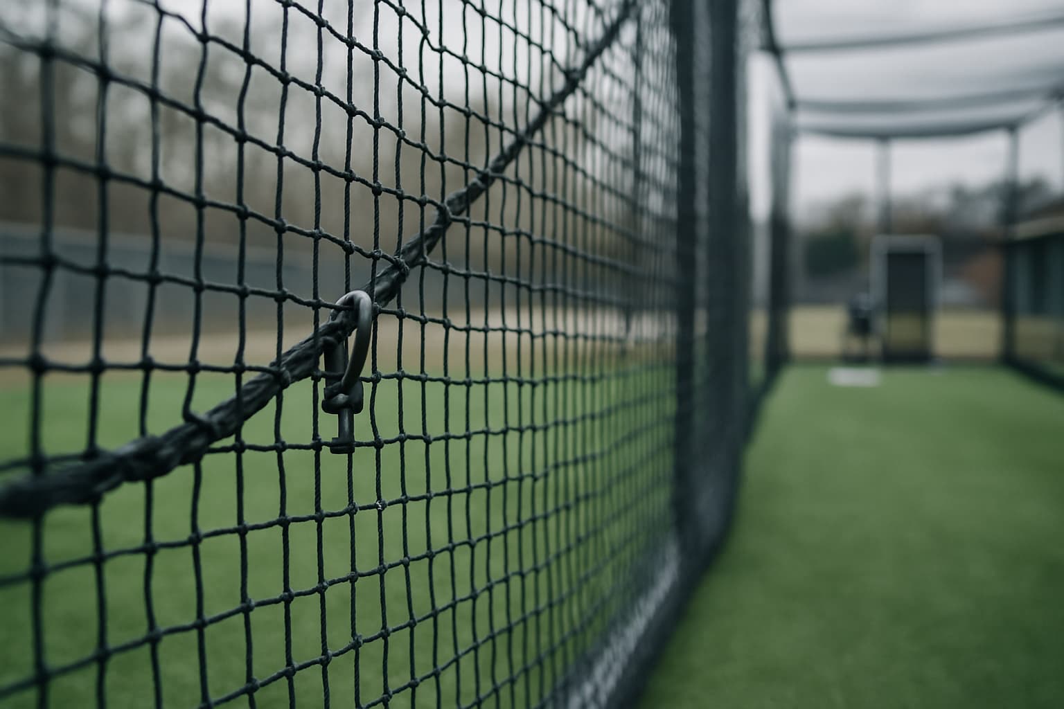 Close-up of batting cage netting and frame hardware with clean turf below.