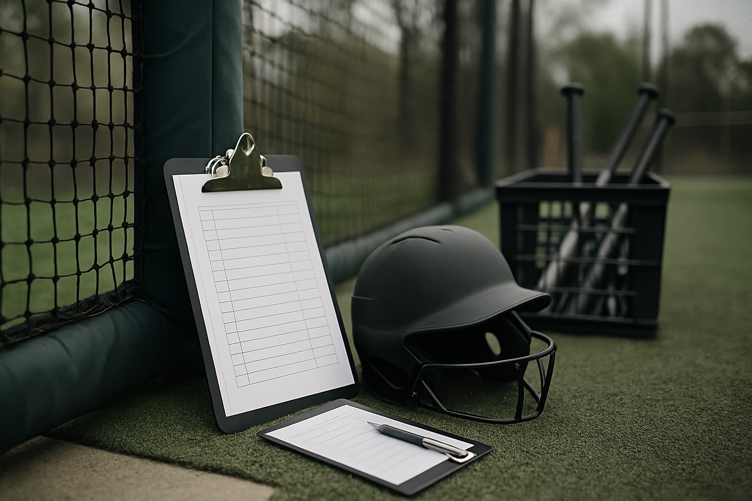 Close-up of a clipboard, helmet, and bat storage in a batting cage.