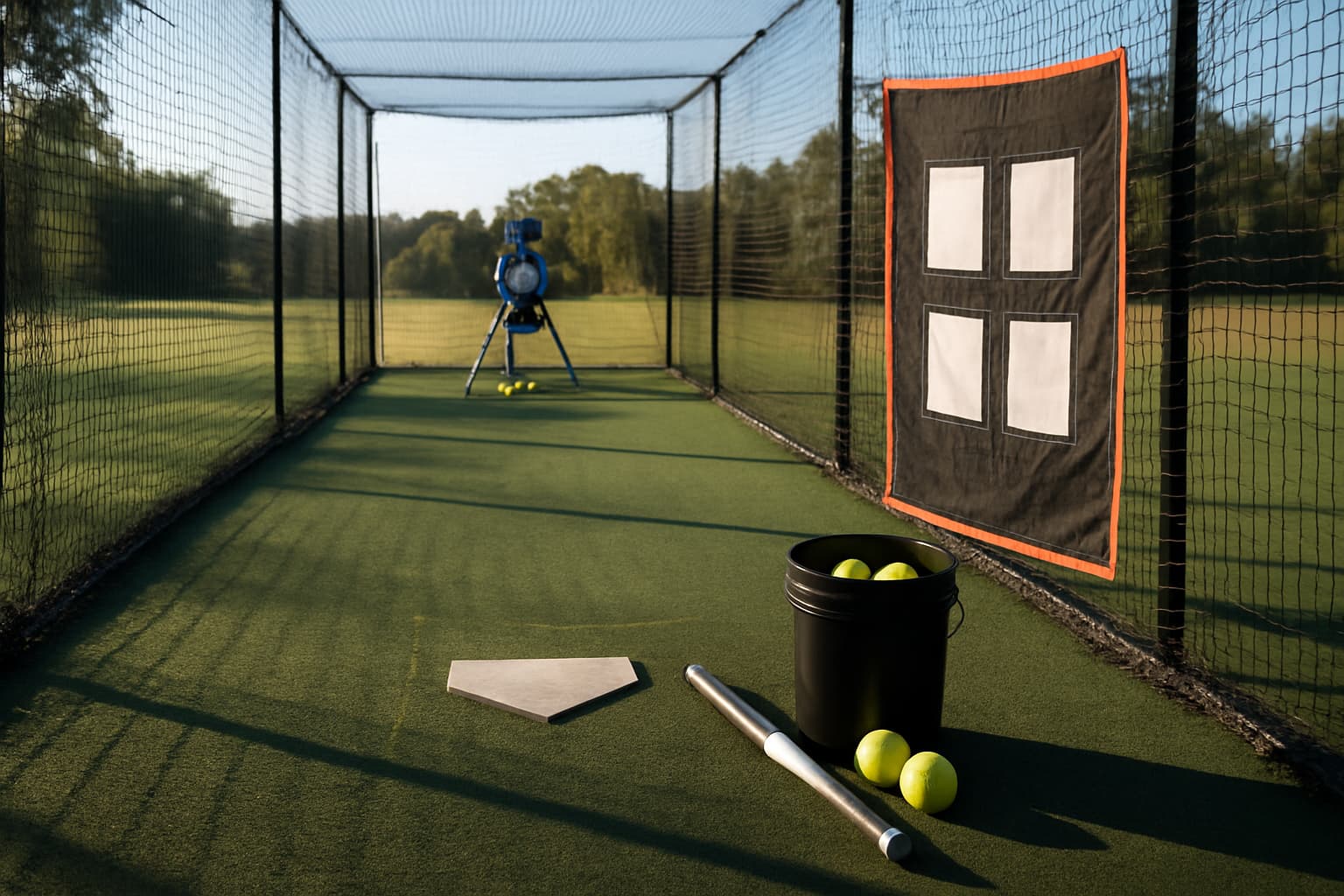 Empty batting cage with a pitching machine, target net, and a bucket of yellow softballs.