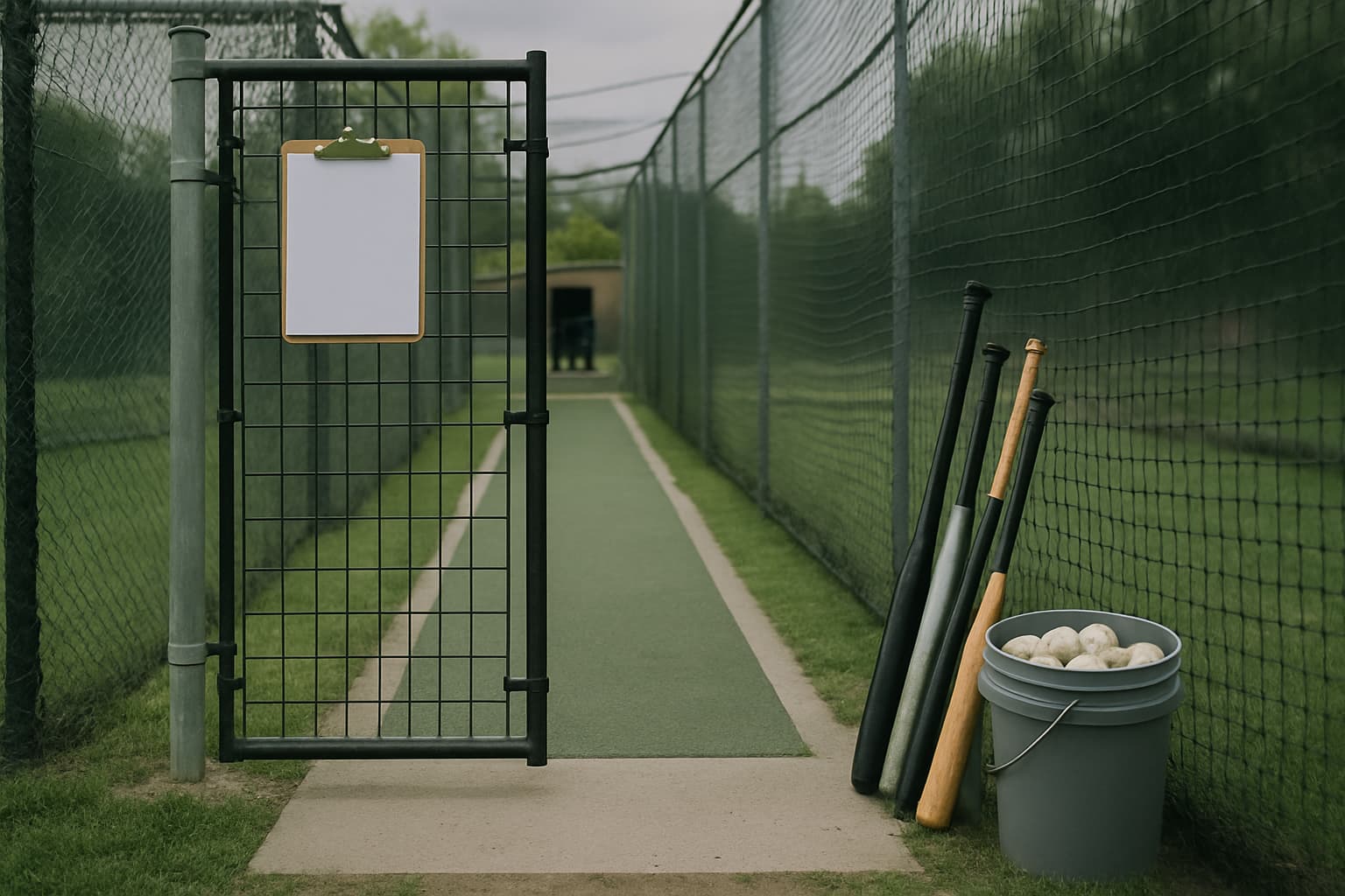 Entrance to a batting cage with a clipboard and organized equipment.