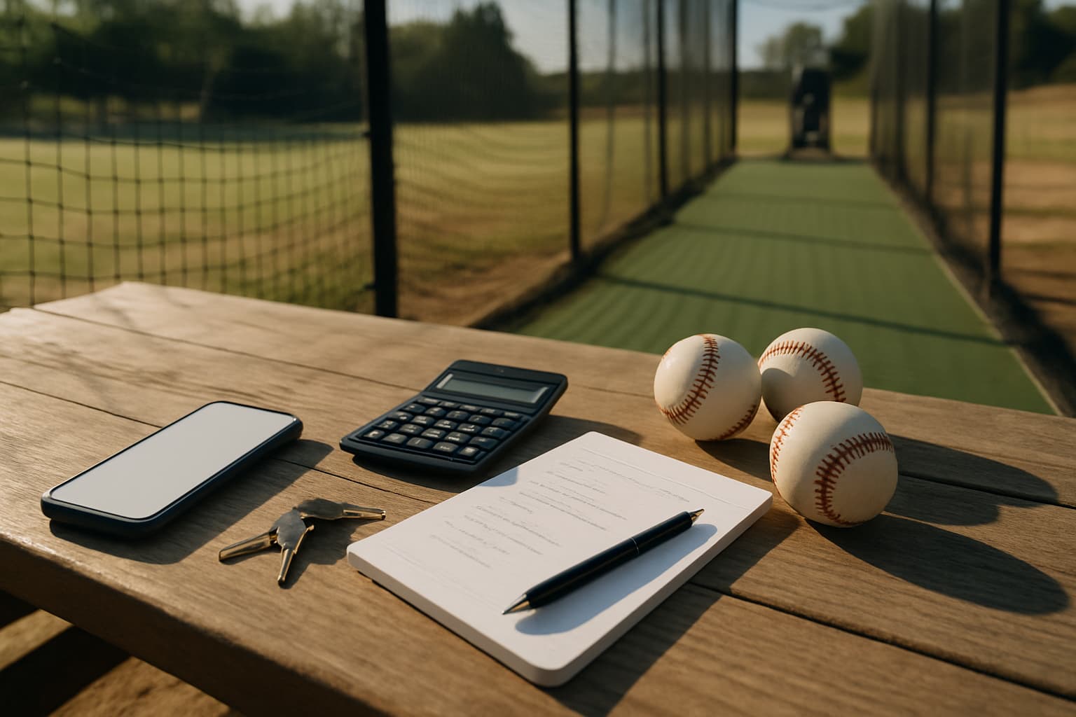 Table with a phone, calculator, keys, and baseballs beside a batting cage.
