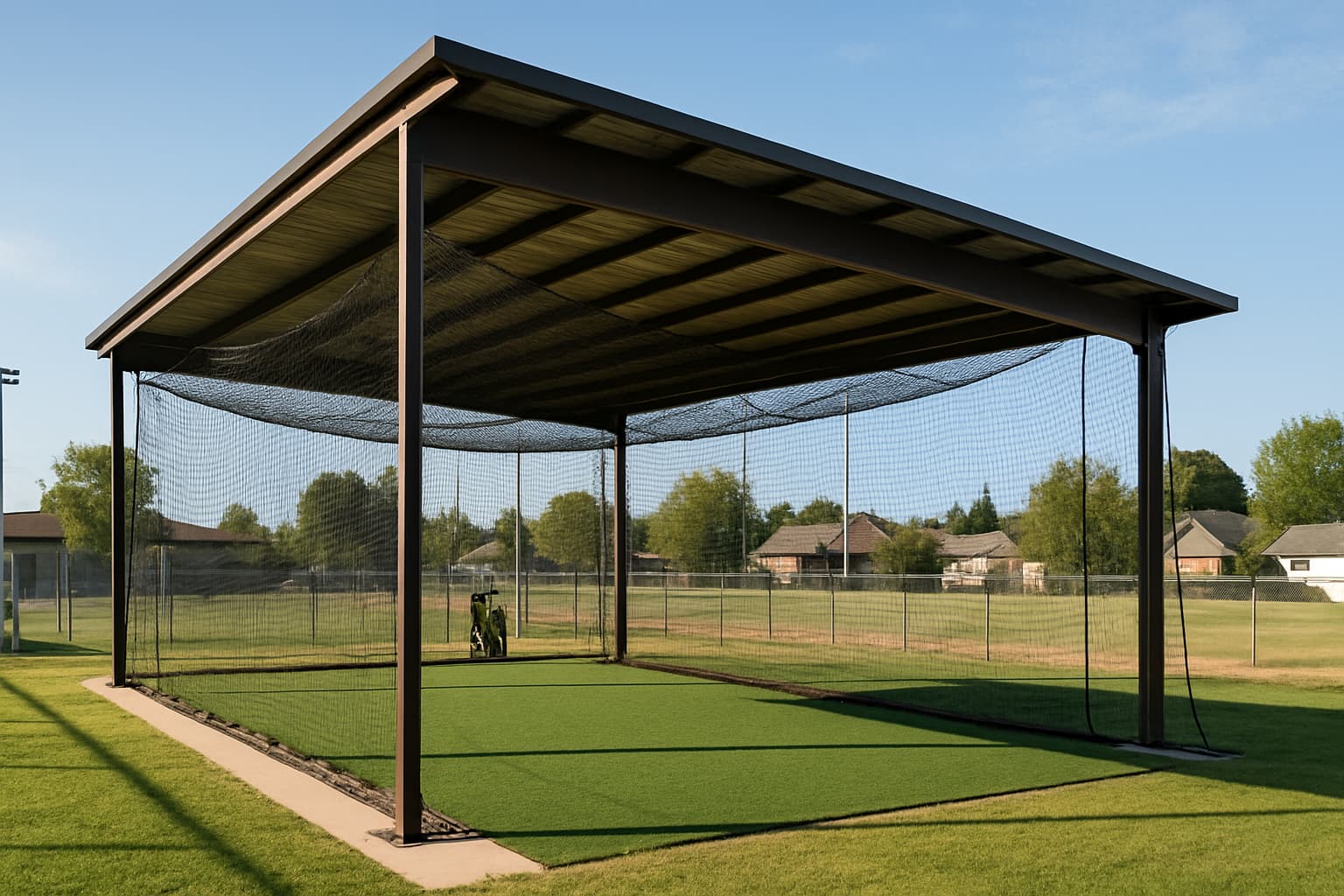 Covered batting cage with netting and turf in a suburban setting.