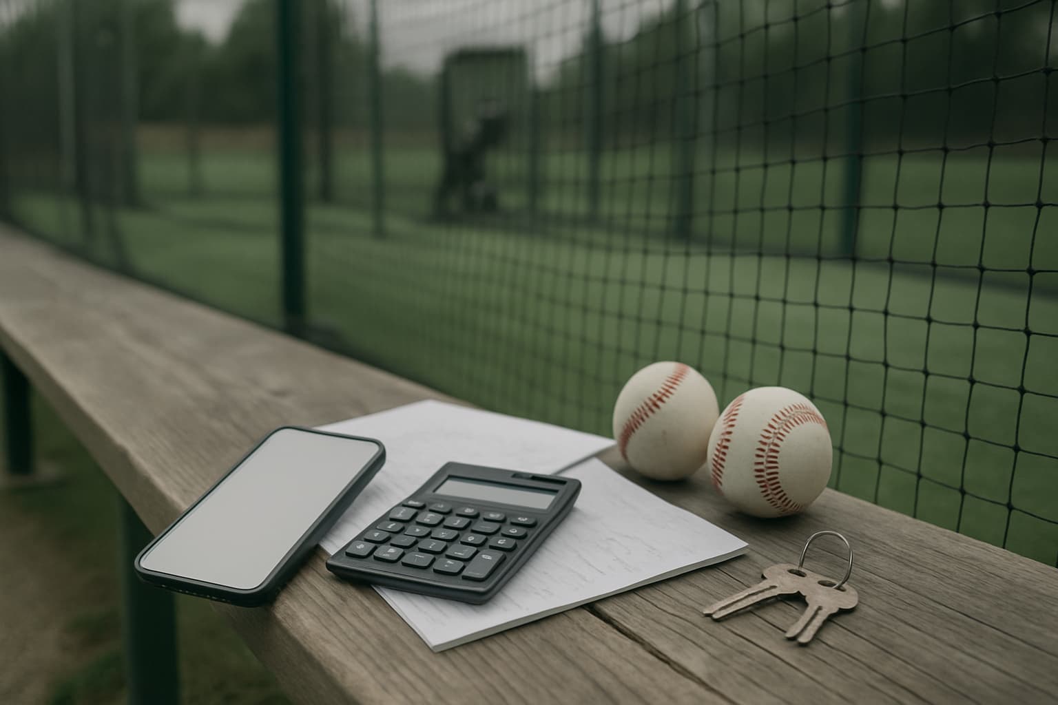 A bench with a phone, calculator, papers, baseballs, and keys beside a batting cage.