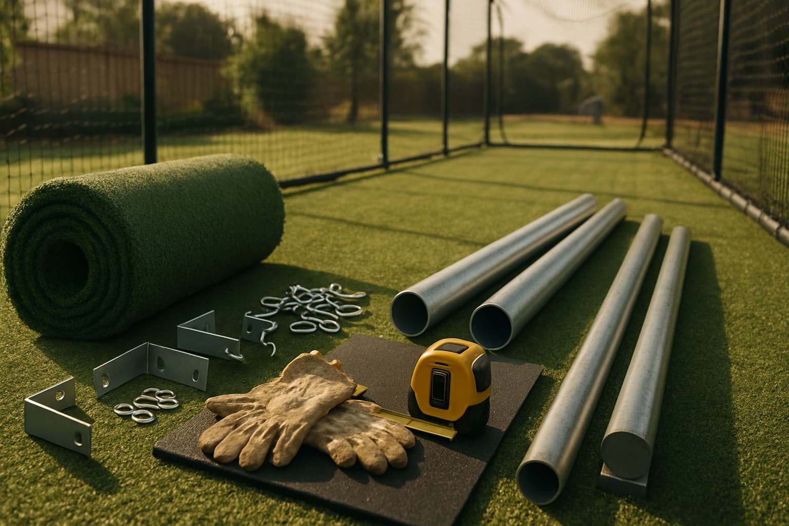 Batting cage build materials arranged on turf: gloves, pipes, measuring tape, and net clips.