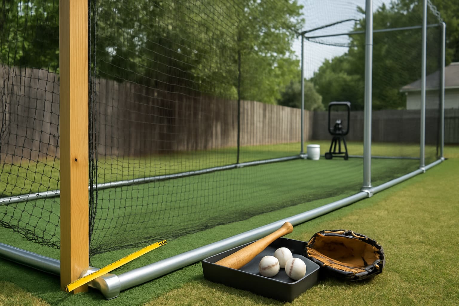 Backyard batting cage with netting, turf, and baseball gear arranged safely.
