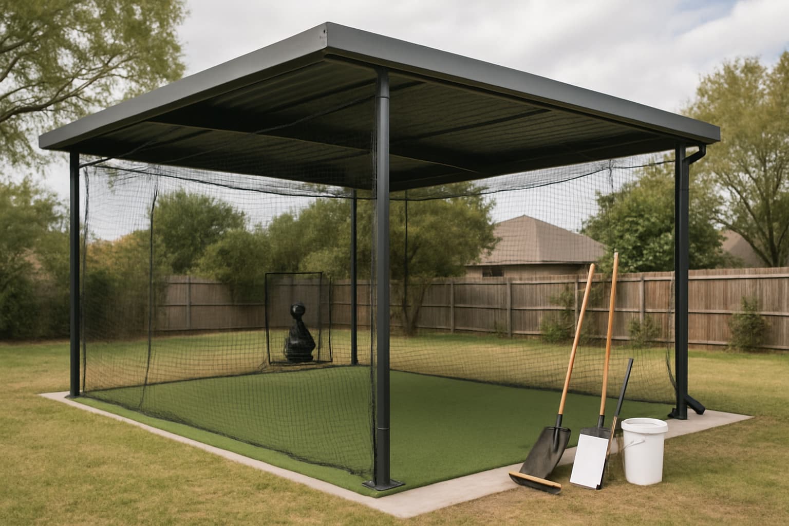 Covered batting cage with tools for maintenance in a backyard setting.