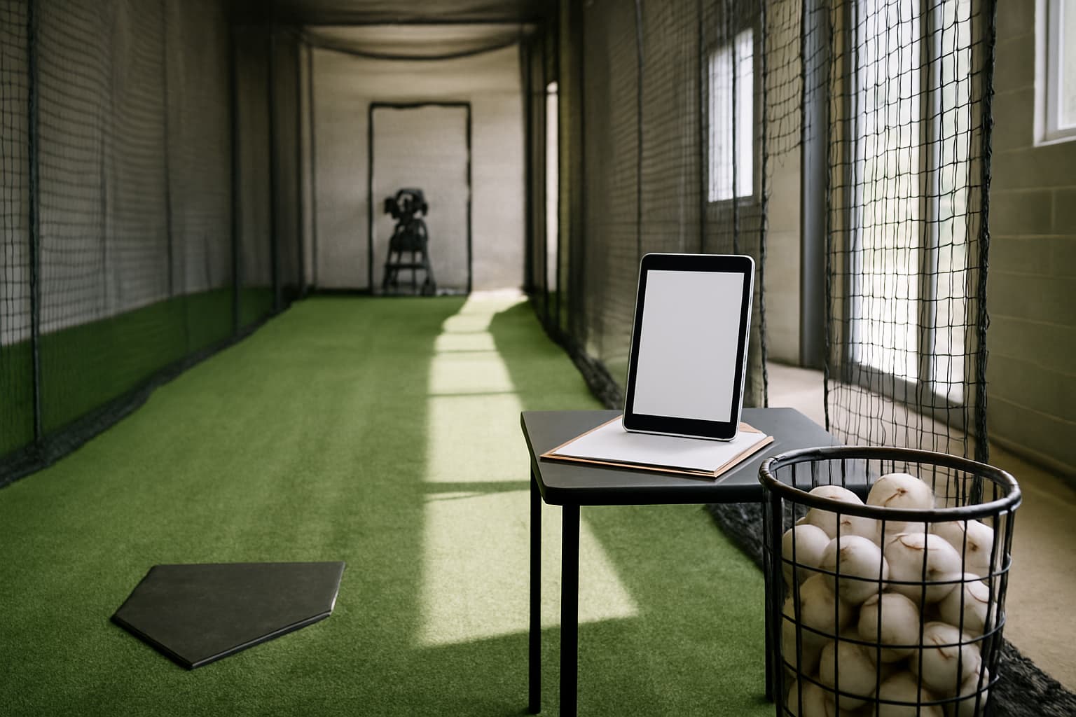 Batting cage interior with clean turf, a tablet on a table, and a basket of baseballs.