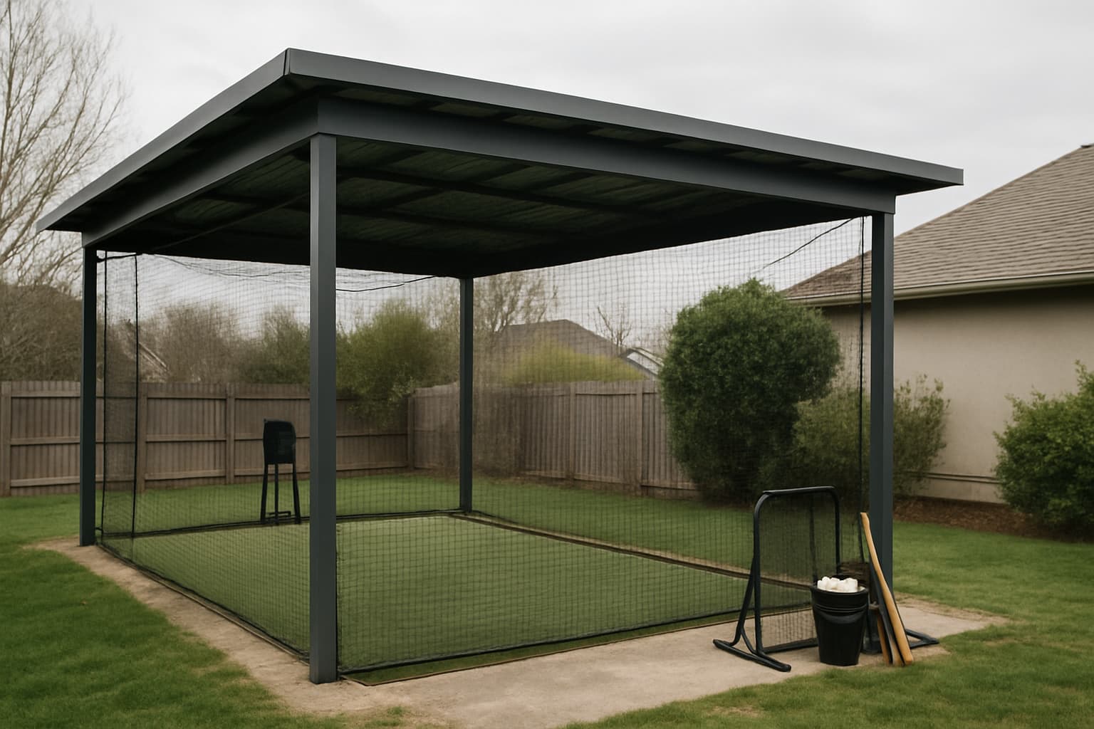 Covered batting cage structure with netting and organized gear in a backyard setting.