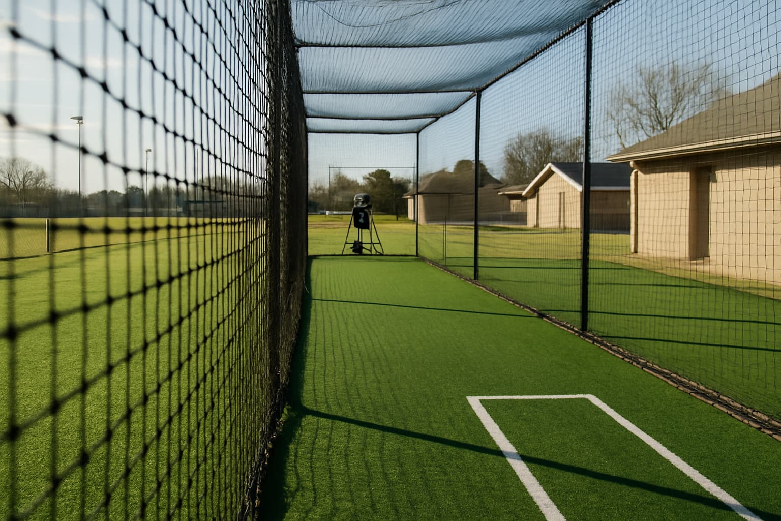 Empty batting cage with a pitching machine in the distance and clean turf.