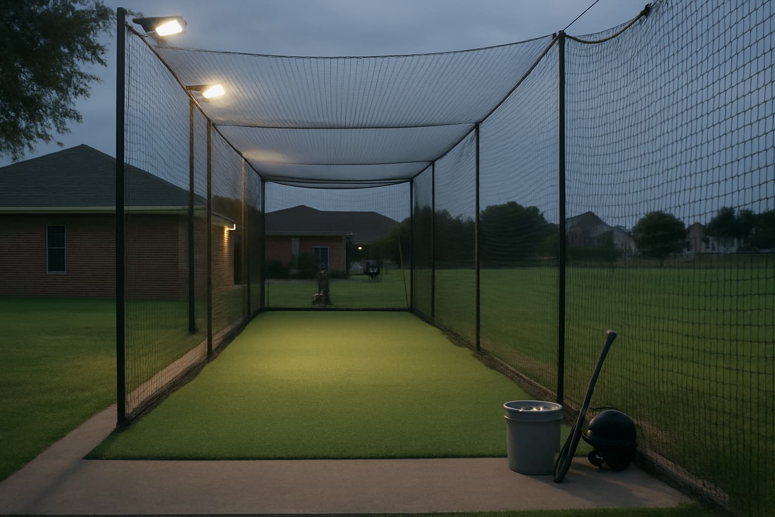 Evening view of a batting cage with turf, netting, and safe gear storage.
