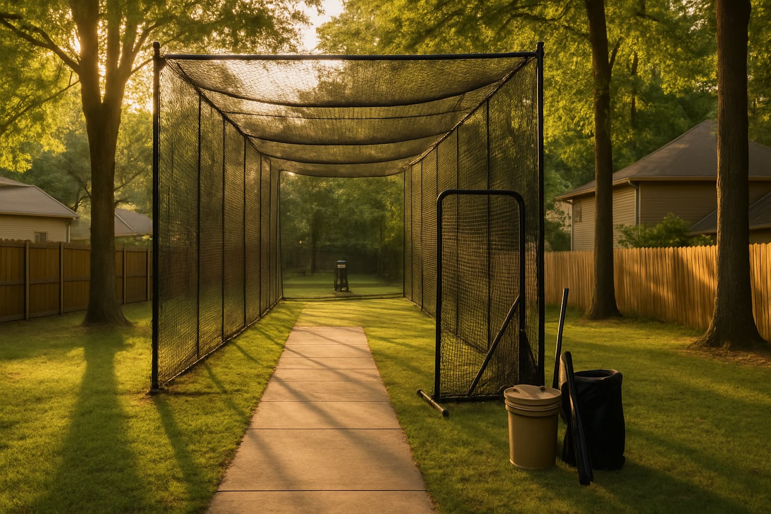 Path leading to a batting cage with clean netting and organized gear in warm afternoon light.