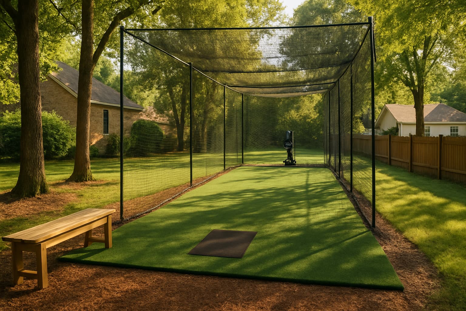 Backyard batting cage with clean turf, a bench, and a pitching machine in a shaded area.