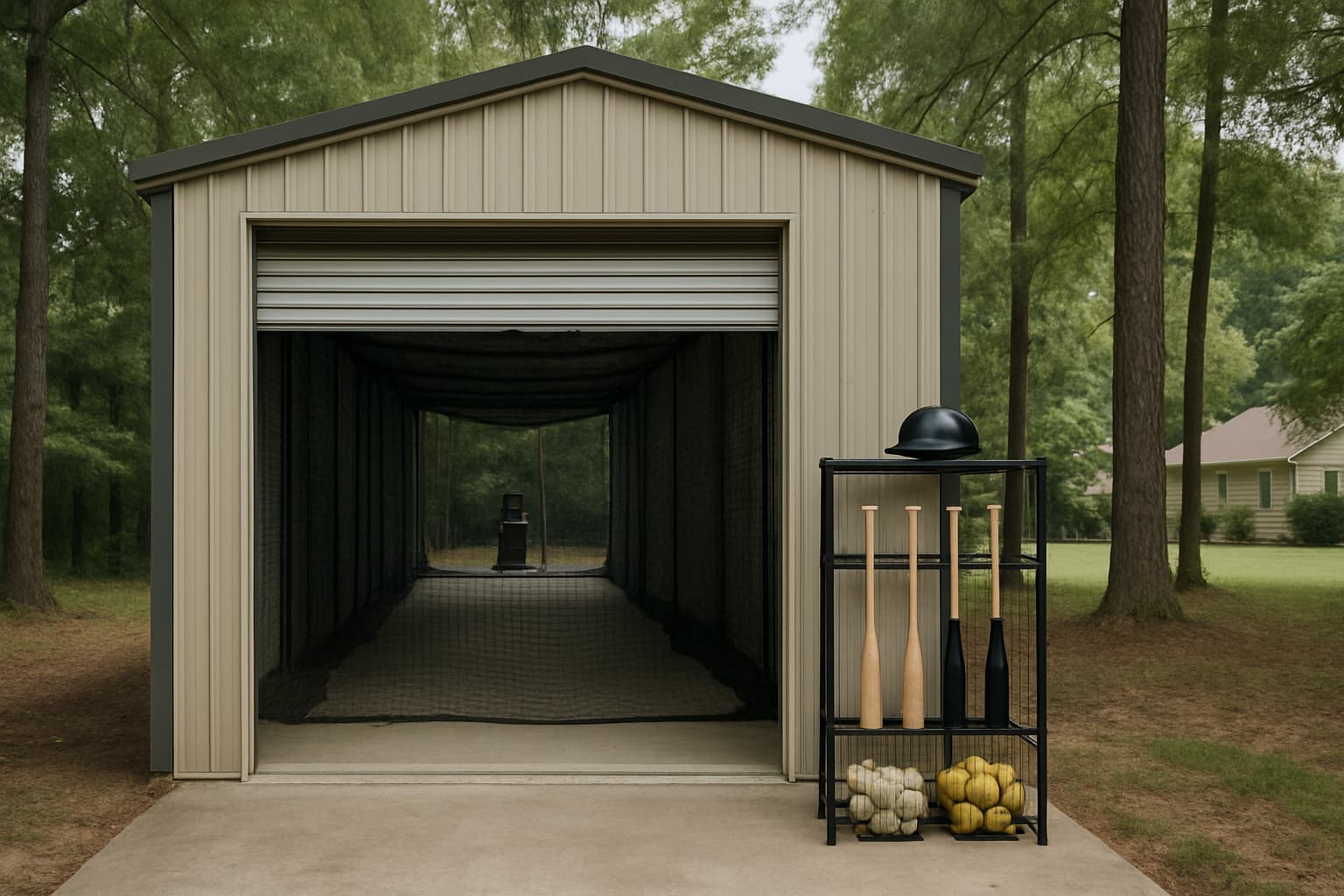 View of a batting cage facility entrance with organized equipment and trees in the background.
