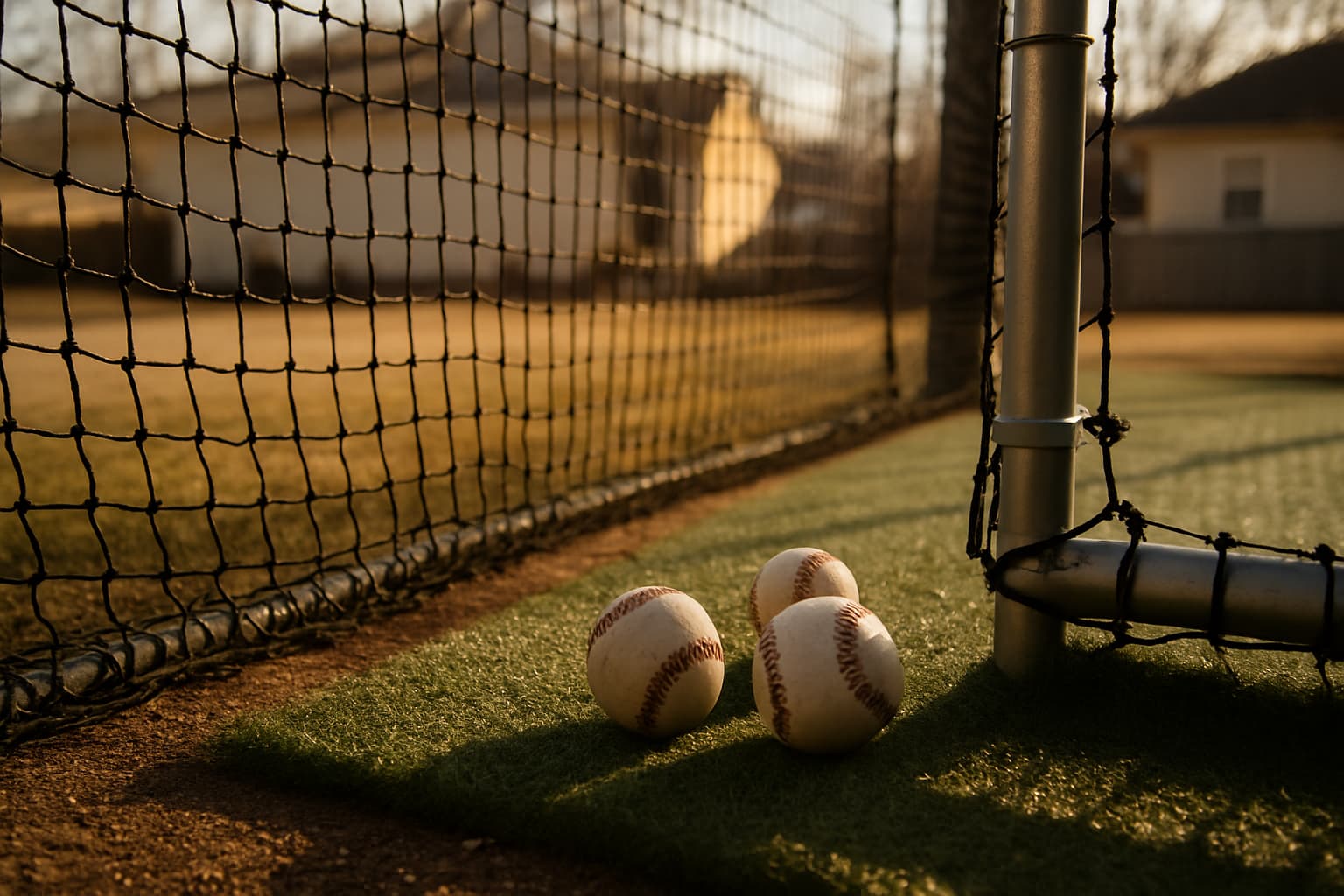 Close-up of baseballs on turf beside a batting cage netting in warm afternoon light.