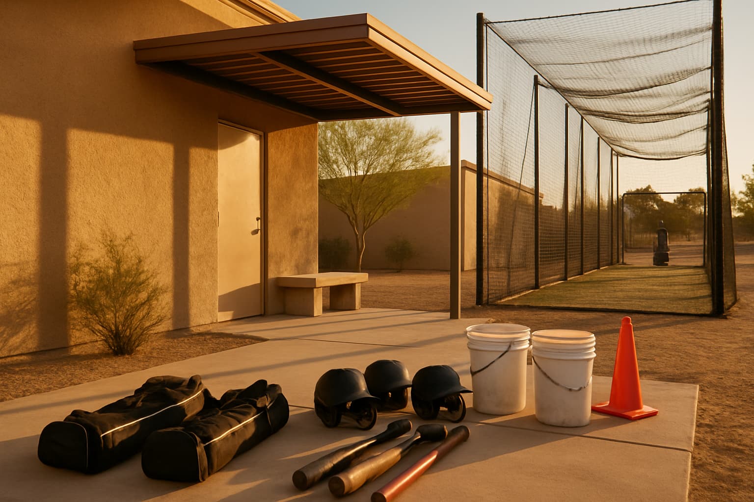 Staging area beside a batting cage with gear, buckets, and a clean waiting area in warm light.