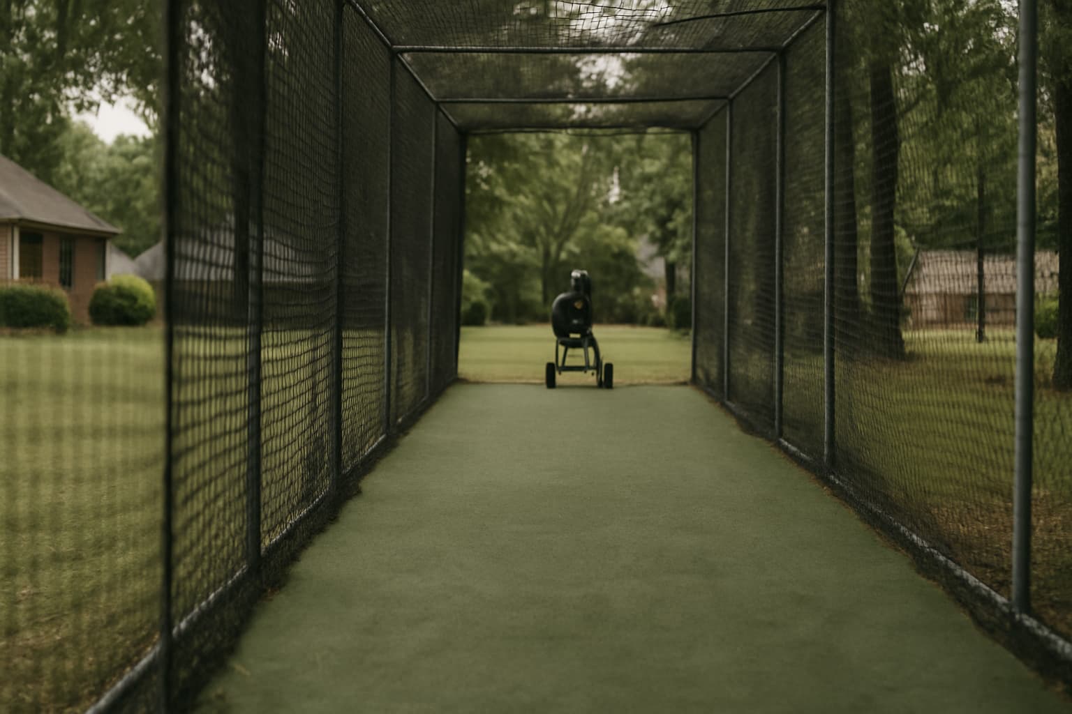 Empty batting cage with a pitching machine at the far end, surrounded by trees and modest homes.