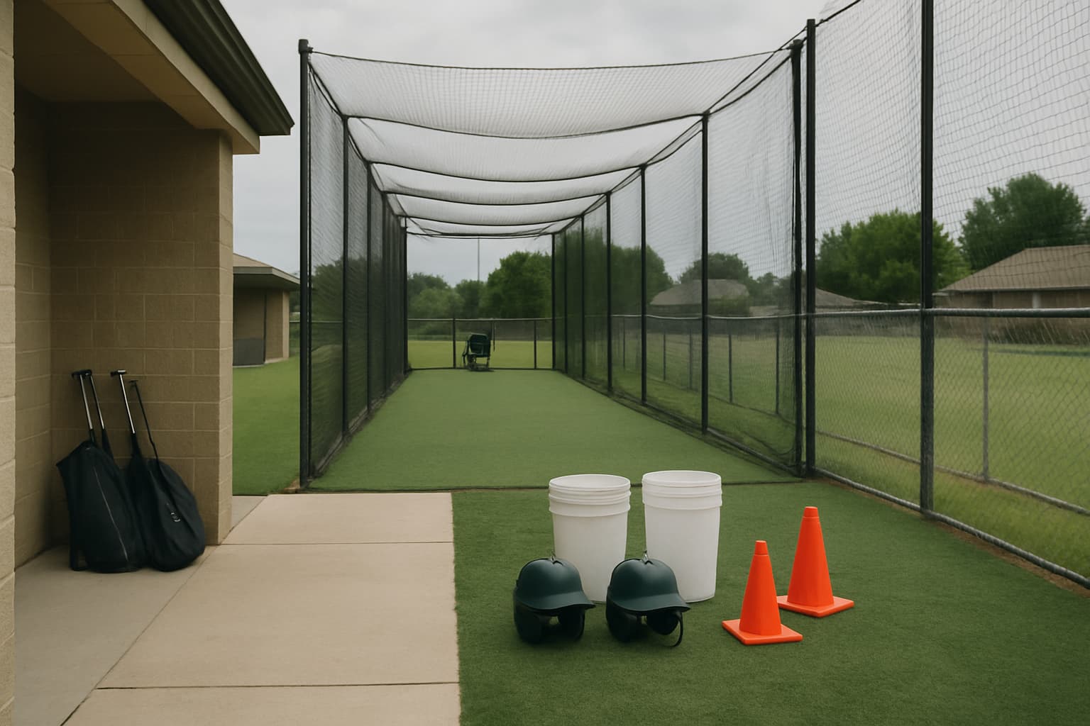 Staging area beside a batting cage with helmets, buckets, and cones.