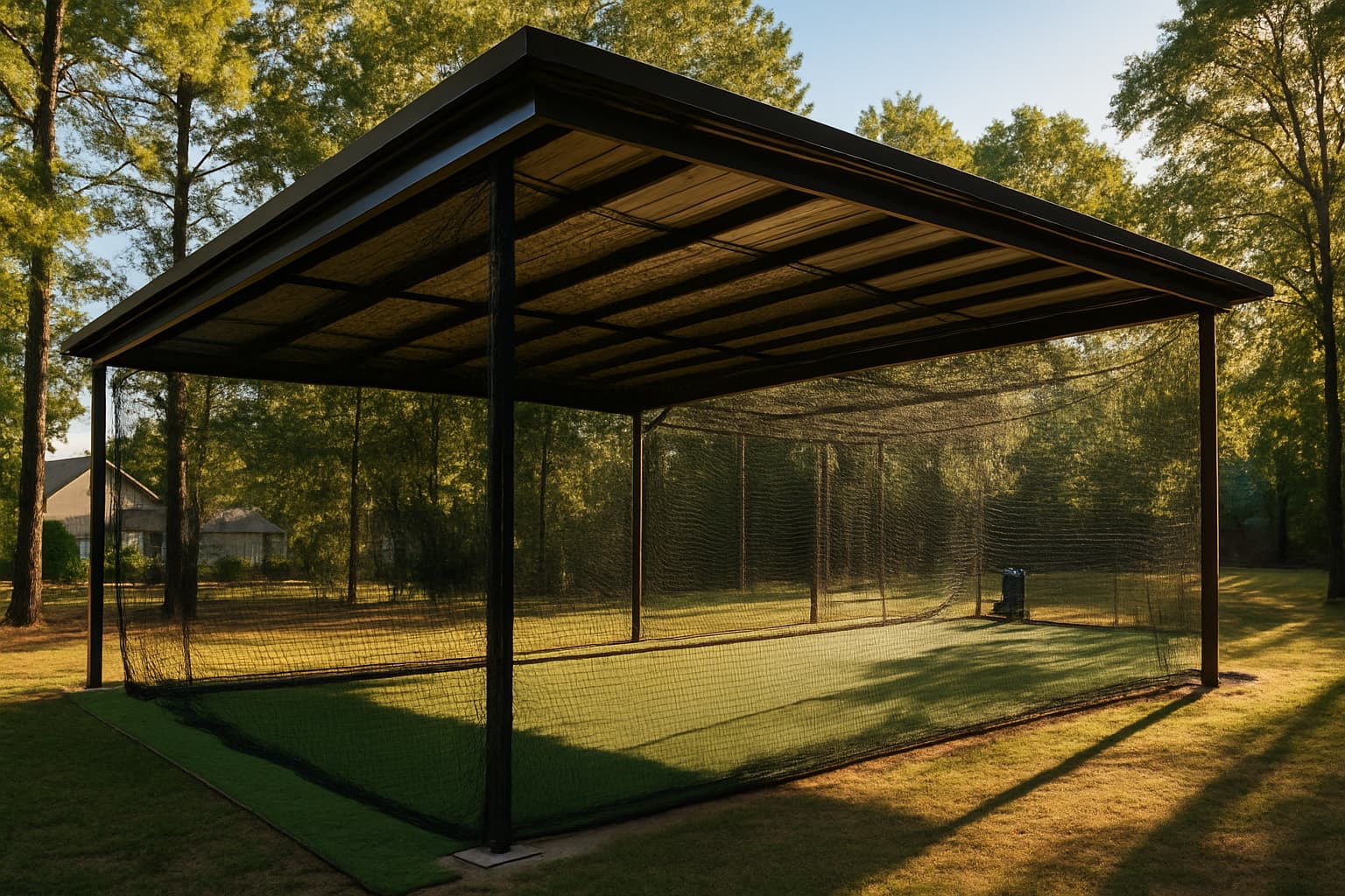 Covered batting cage with netting and turf, surrounded by trees in warm morning light.