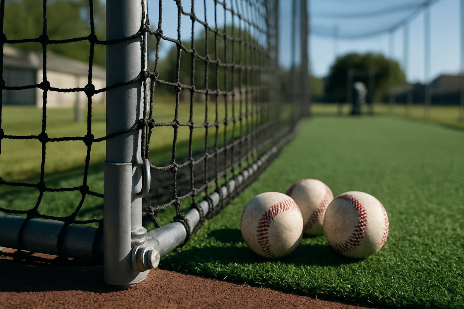 Close-up of batting cage netting and baseballs on turf.