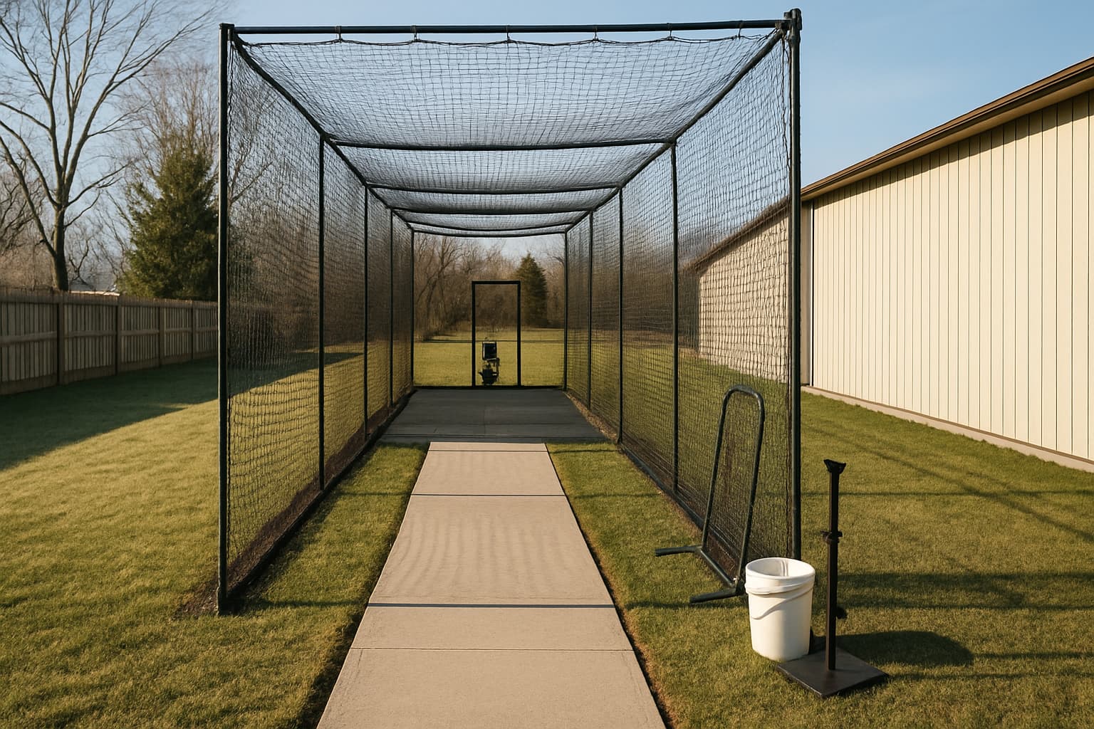 Path leading to a batting cage with netting and organized gear in a suburban setting.