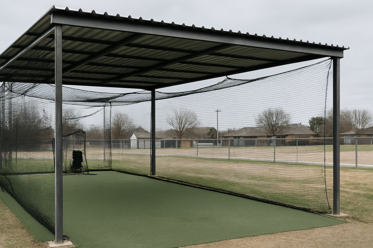 Covered batting cage with netting and turf, set in a suburban baseball environment.